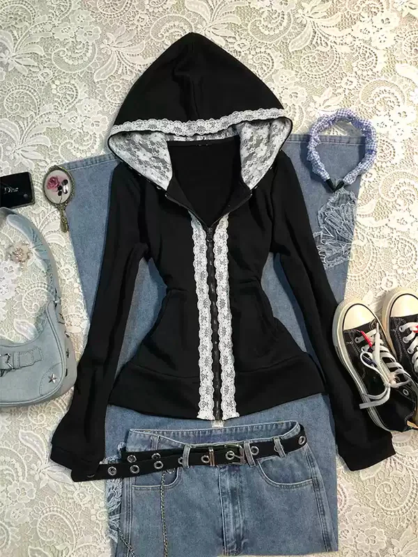 Black lace stitching sweatshirt jacket - Image 4