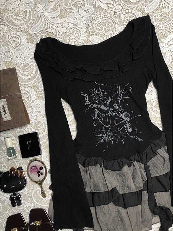 Black Patchwork Printed Long-sleeved Dress - Image 4