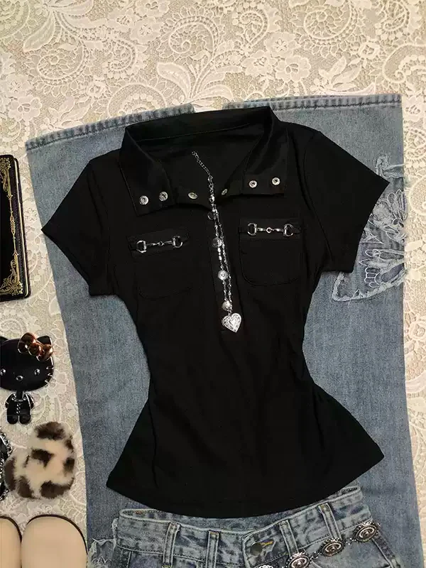 Black Polo collar short-sleeved T-shirt - Image 2