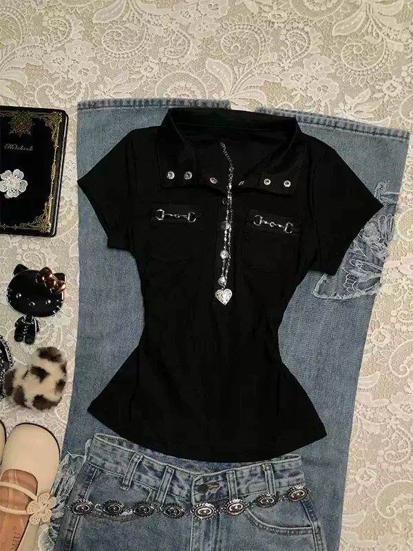 Black Polo collar short-sleeved T-shirt - Image 3