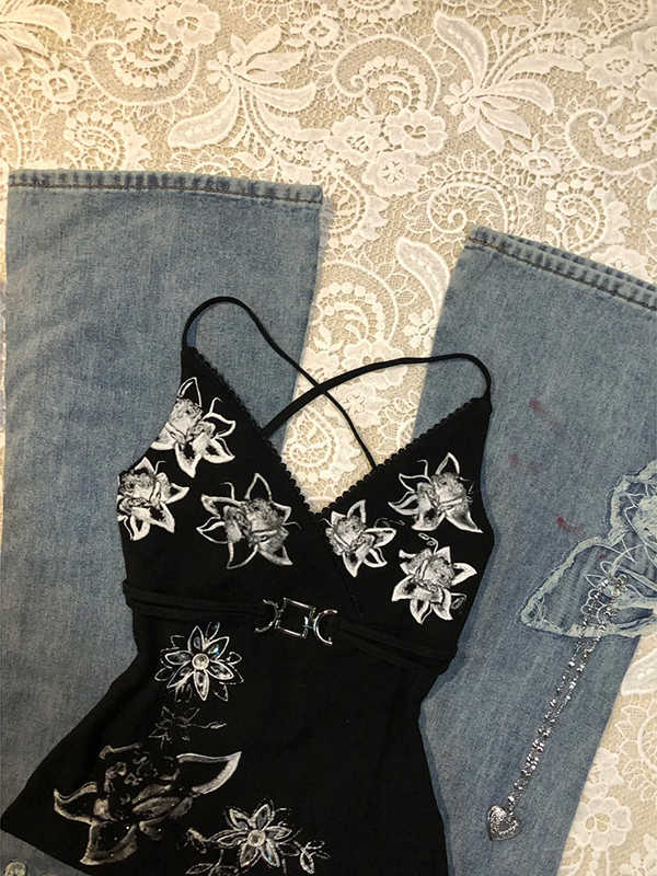 Black Printed Flower Tank Top - Image 3