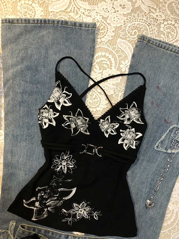 Black Printed Flower Tank Top - Image 4
