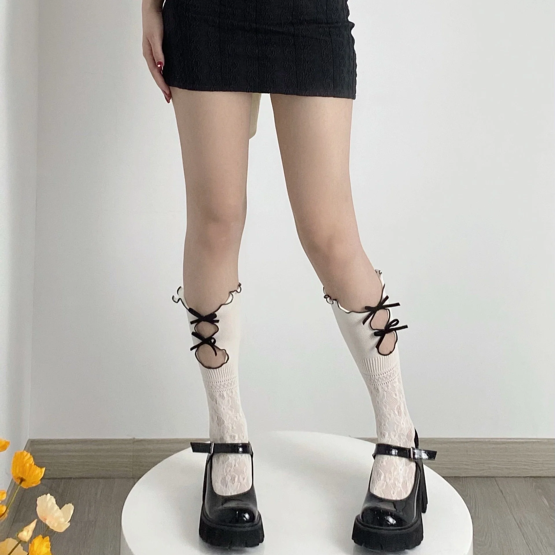 Black Ribbon & White Lace Socks - Image 2