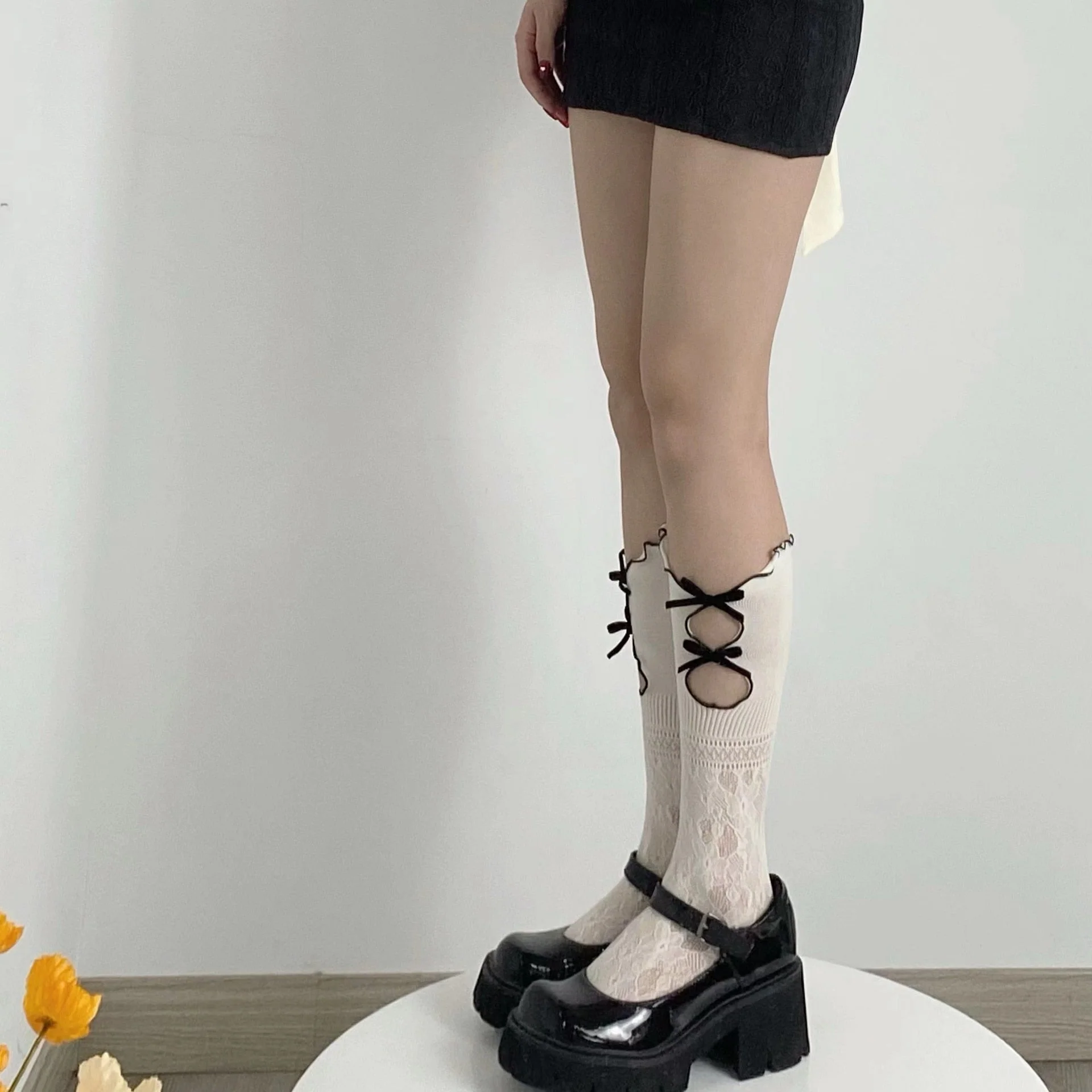 Black Ribbon & White Lace Socks - Image 3