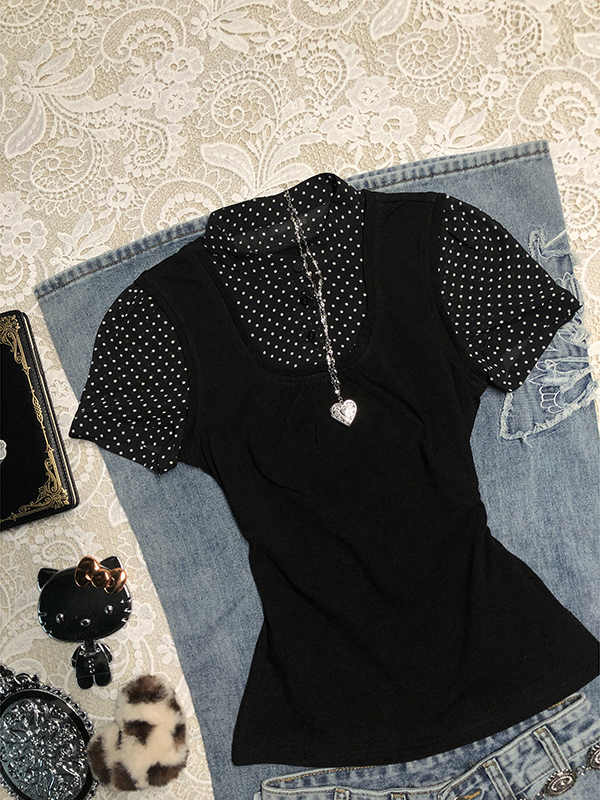 Black Spliced Polka Dot Shirt - Image 3