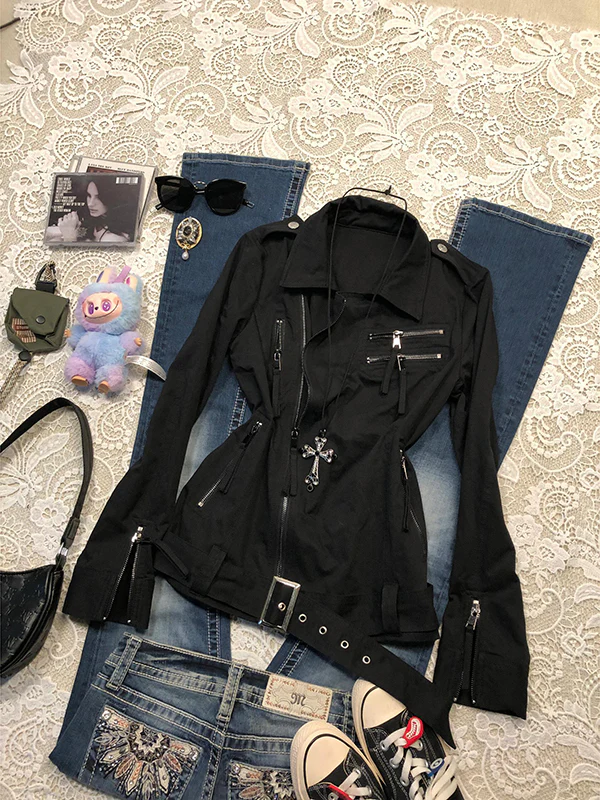 black zipper motorcycle jacket - Image 4