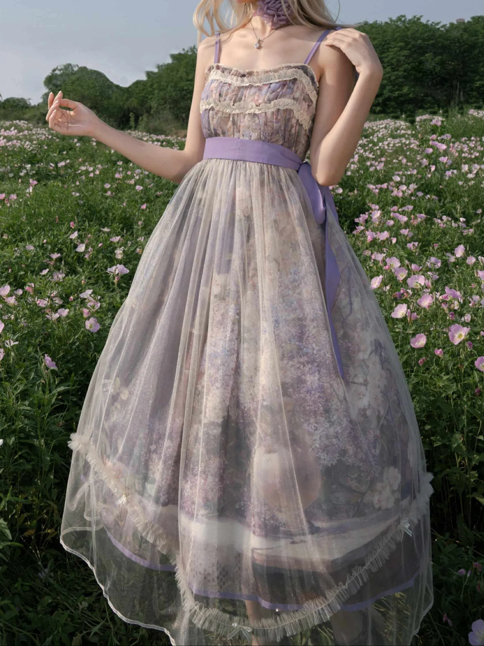 Blooming Oil Painting Print Mesh Bow Dress - Image 3