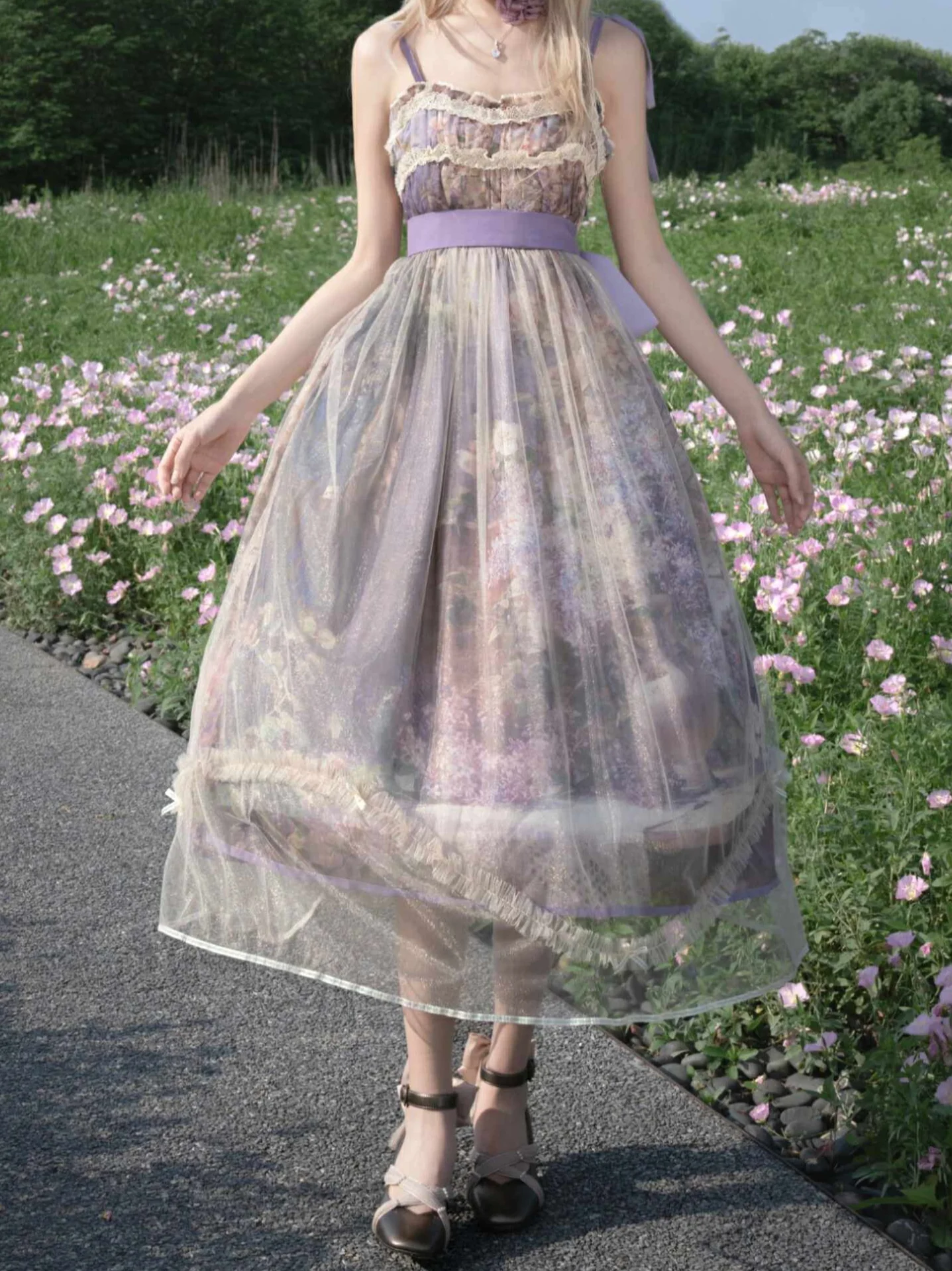 Blooming Oil Painting Print Mesh Bow Dress - Image 4