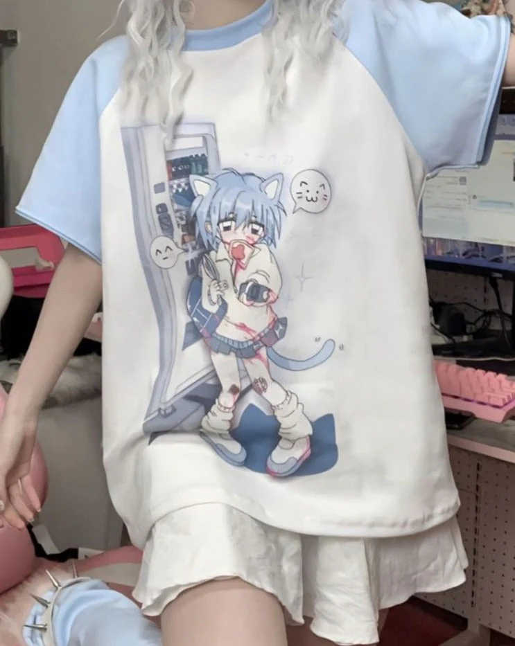 Blue Anime Detachable Sleeve Tee - Image 3