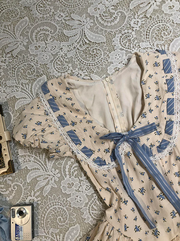 blue bow floral puff sleeve dress - Image 3