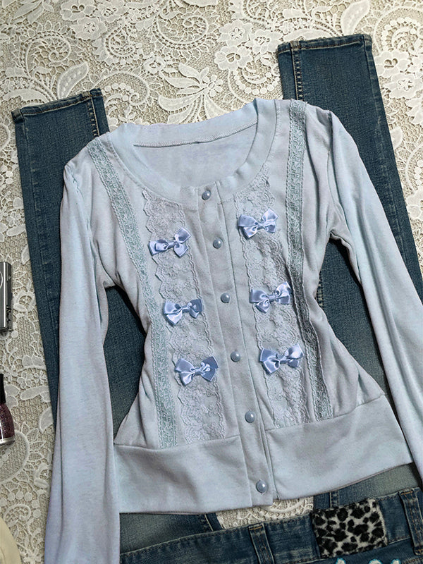 blue bow long-sleeved cardigan - Image 2