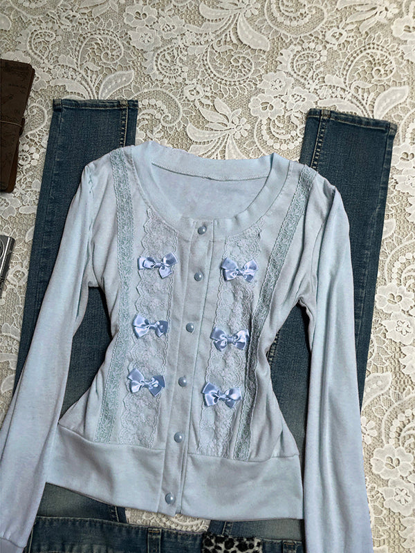 blue bow long-sleeved cardigan - Image 3