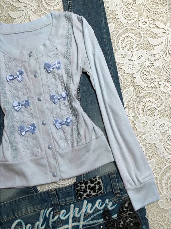 blue bow long-sleeved cardigan - Image 4