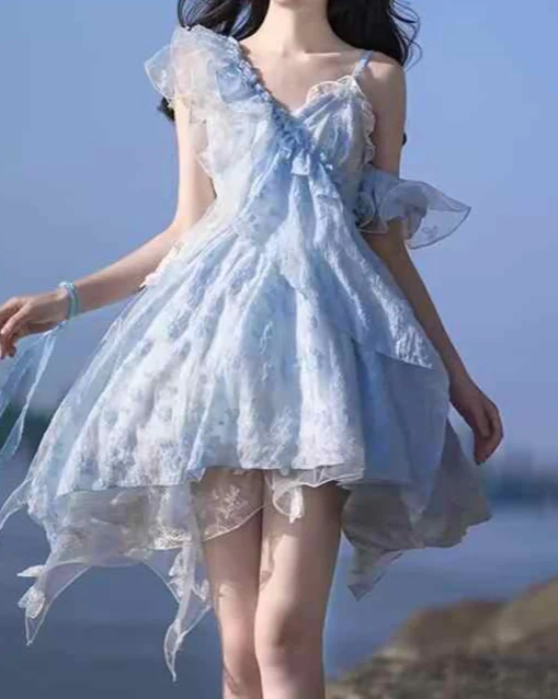 Blue Bubble Mesh Irregular Dress - Image 2