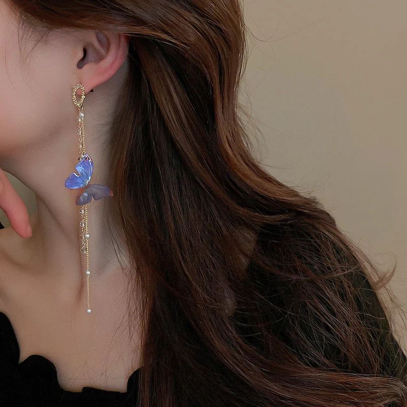 Blue Butterfly Dangle Drop Earrings - Image 2