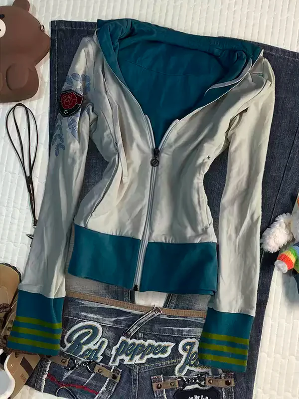Blue contrasting white hooded sweatshirt jacket - Image 2