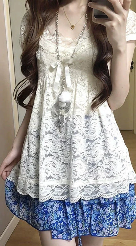 Blue Floral Lace Bow Top - Image 2