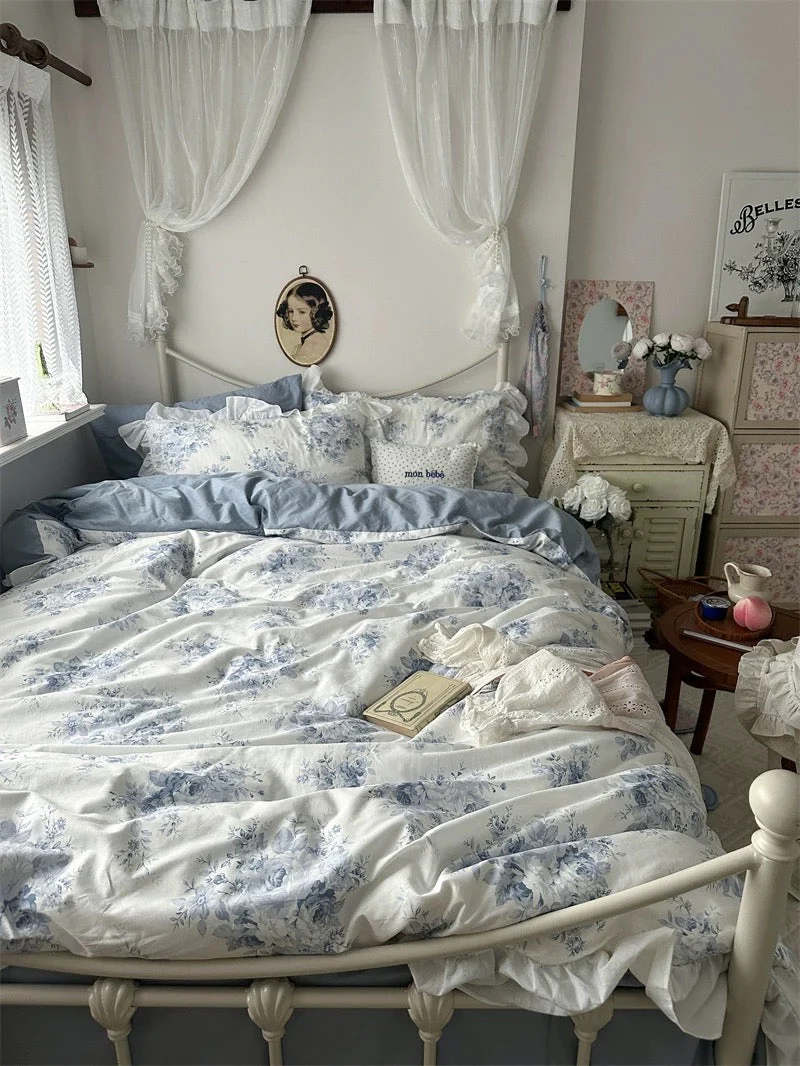 Blue Floral Ruffle Cotton Duvet Cover Set - Image 2