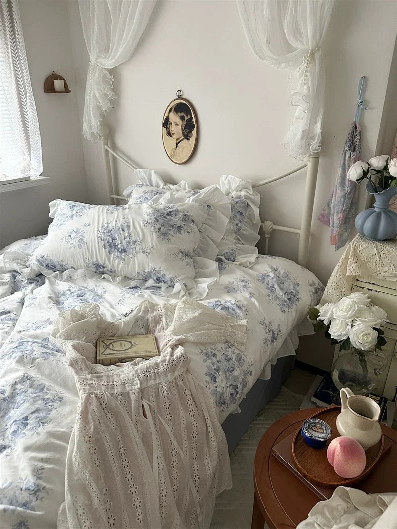 Blue Floral Ruffle Cotton Duvet Cover Set - Image 3
