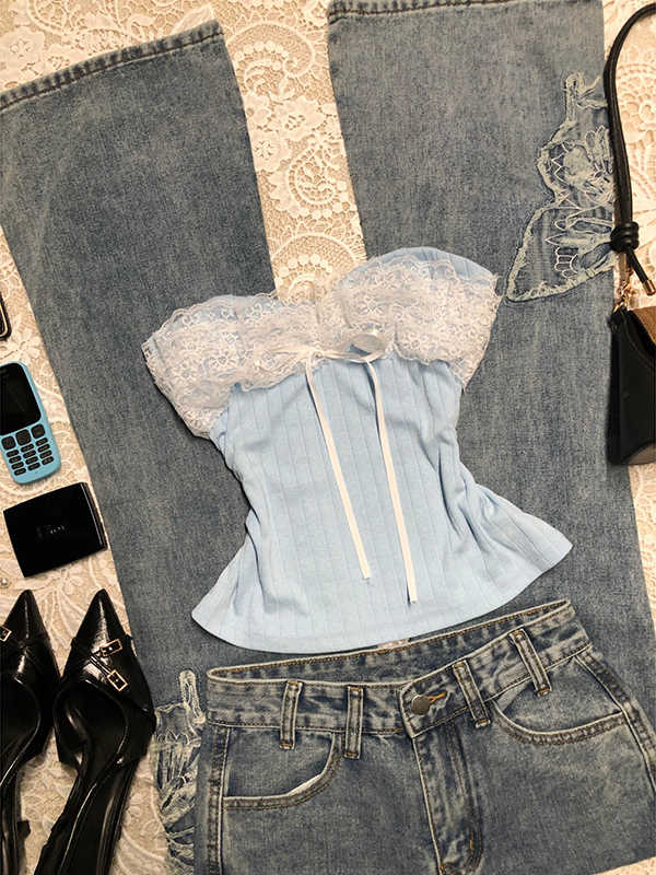 Blue Lace Spliced Knitted Tube Top - Image 2