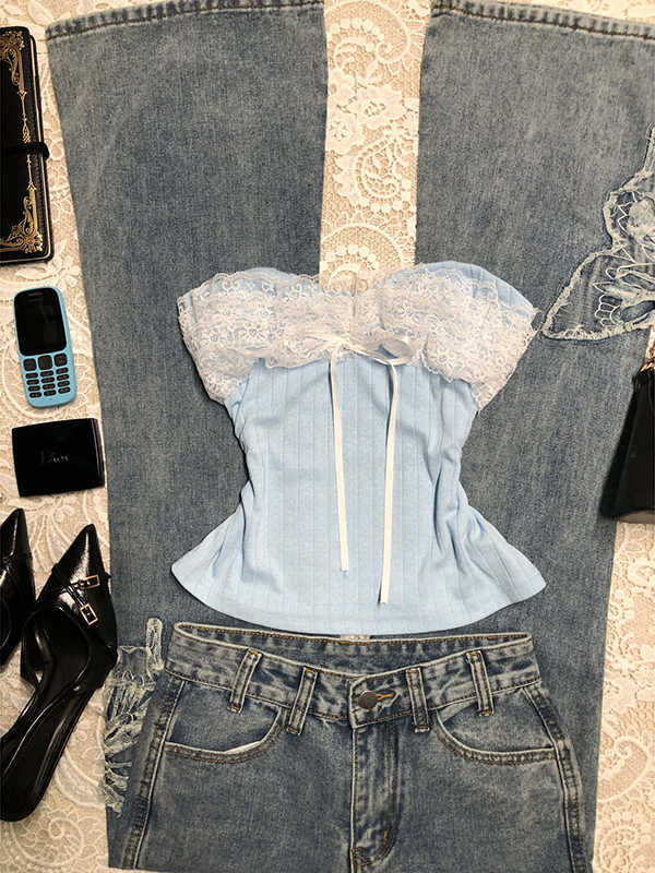 Blue Lace Spliced Knitted Tube Top - Image 3