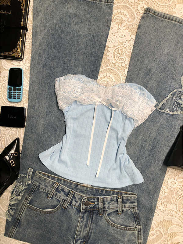Blue Lace Spliced Knitted Tube Top - Image 4