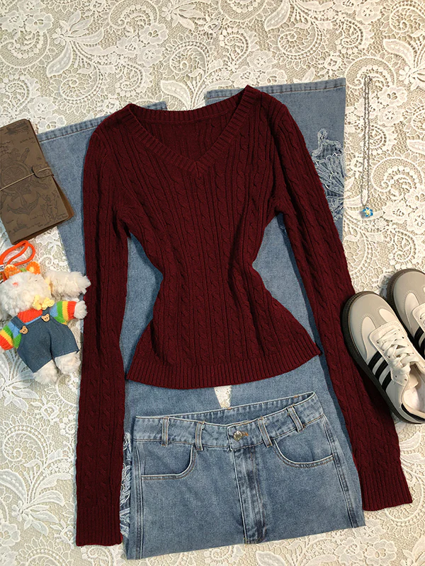 blue long-sleeved v-neck twist sweater - Image 4