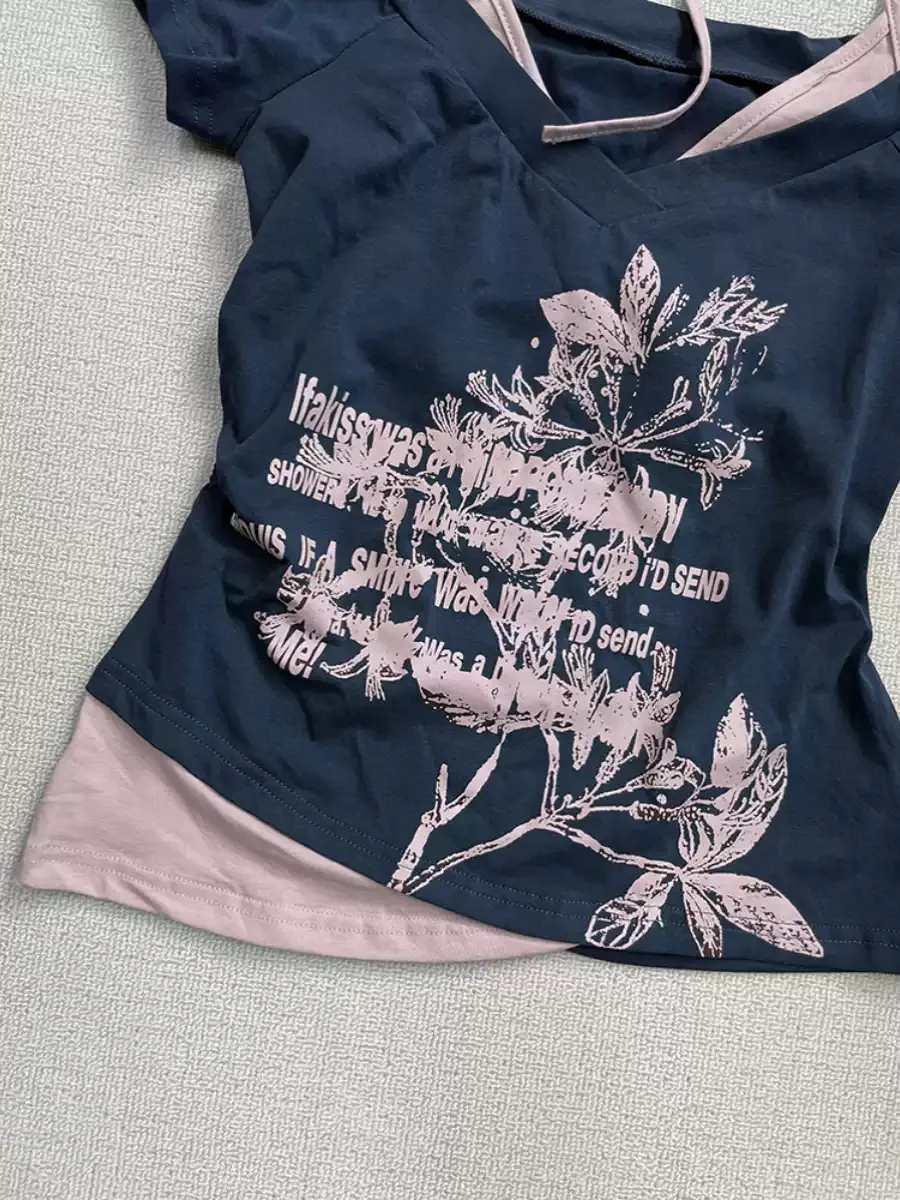 Blue off-shoulder short-sleeved T-shirt - Image 2