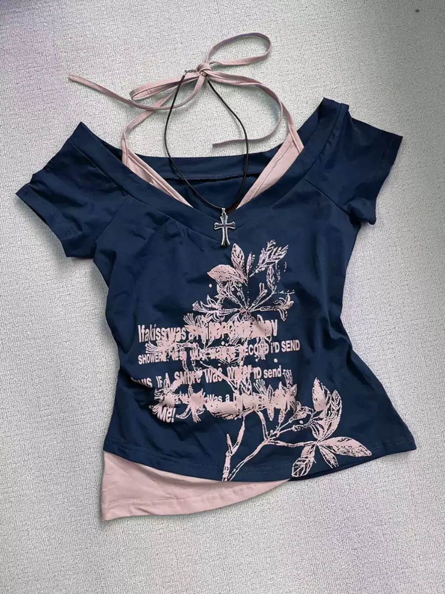 Blue off-shoulder short-sleeved T-shirt - Image 3