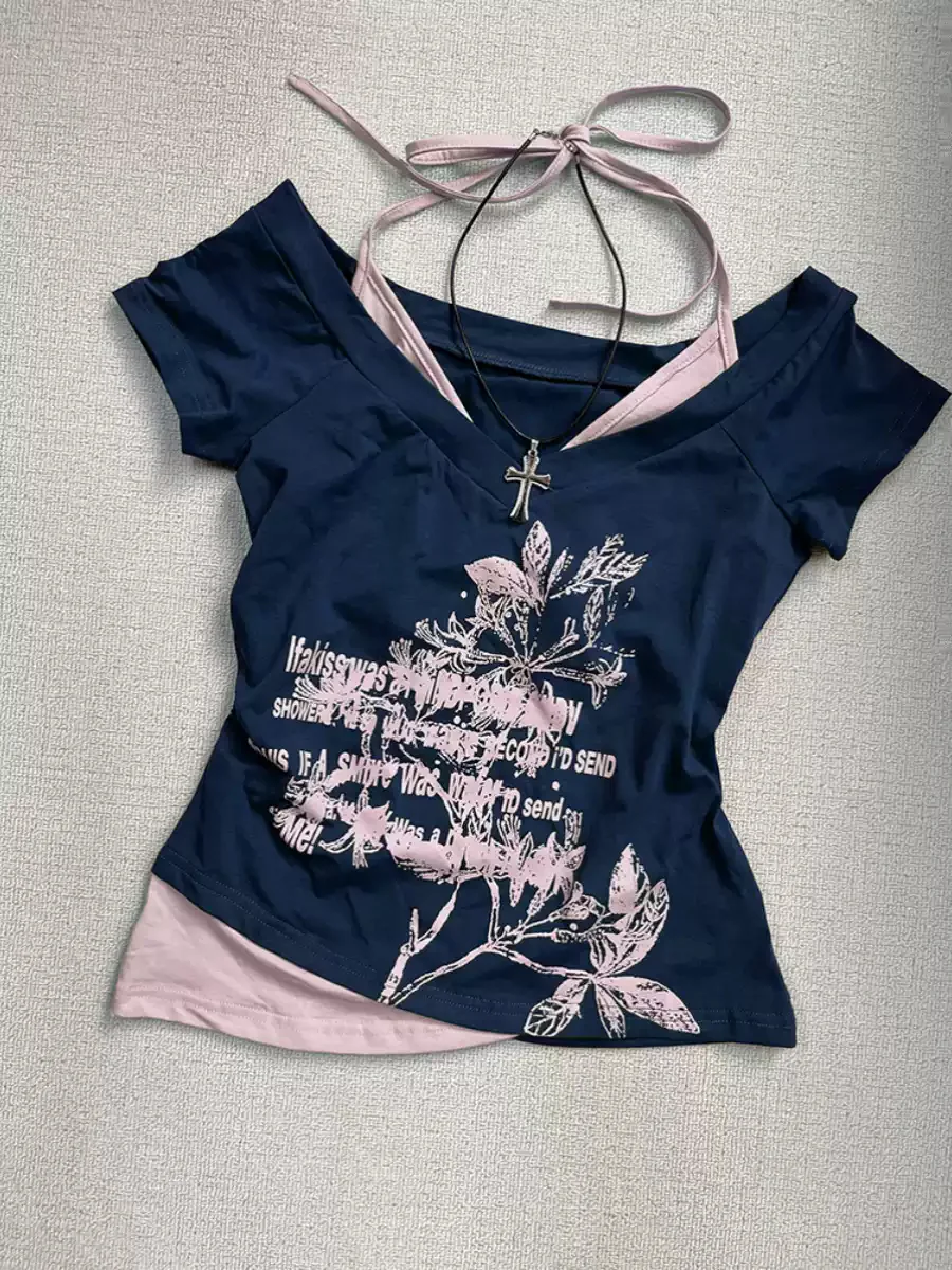 Blue off-shoulder short-sleeved T-shirt - Image 4