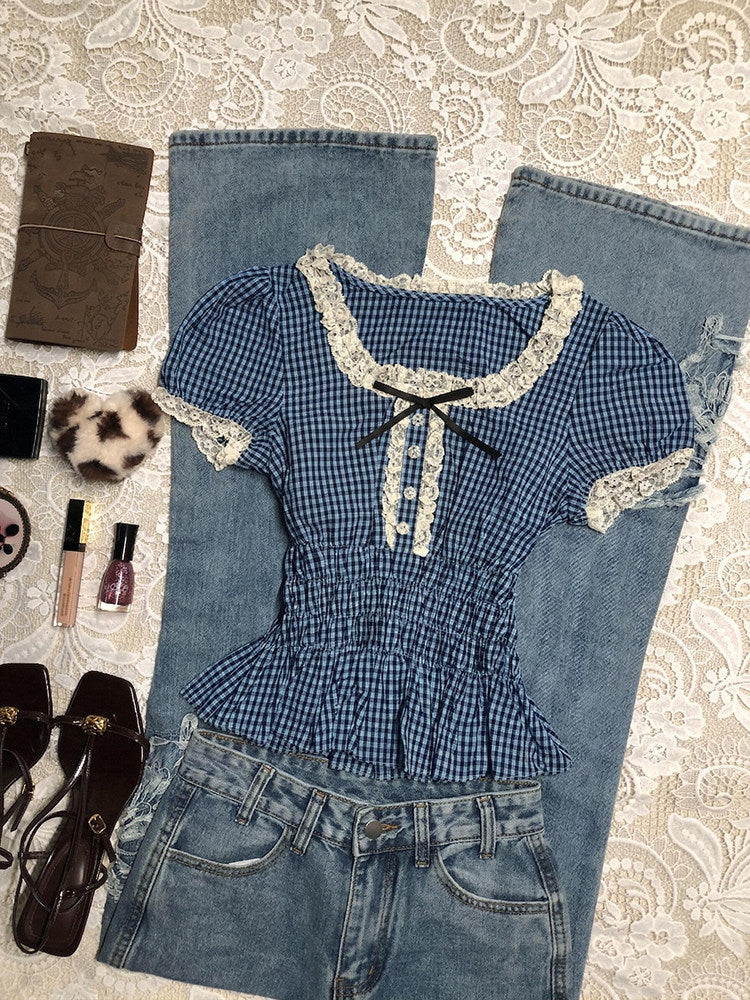 blue plaid puff-sleeved shirt