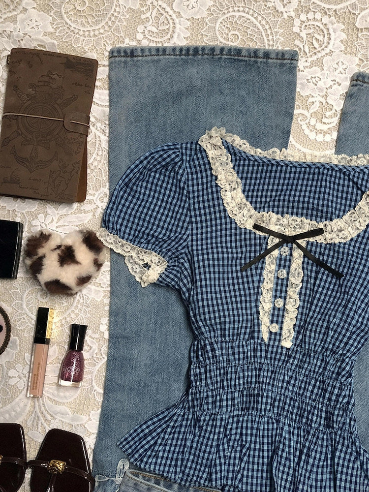 blue plaid puff-sleeved shirt - Image 2