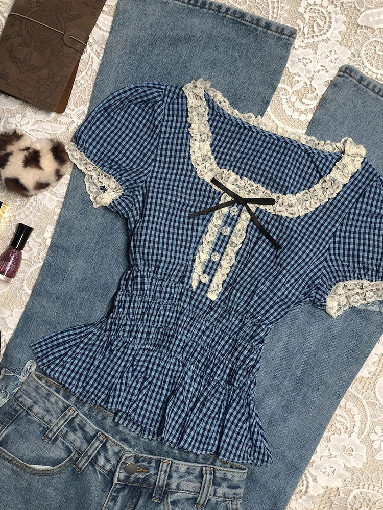 blue plaid puff-sleeved shirt - Image 5
