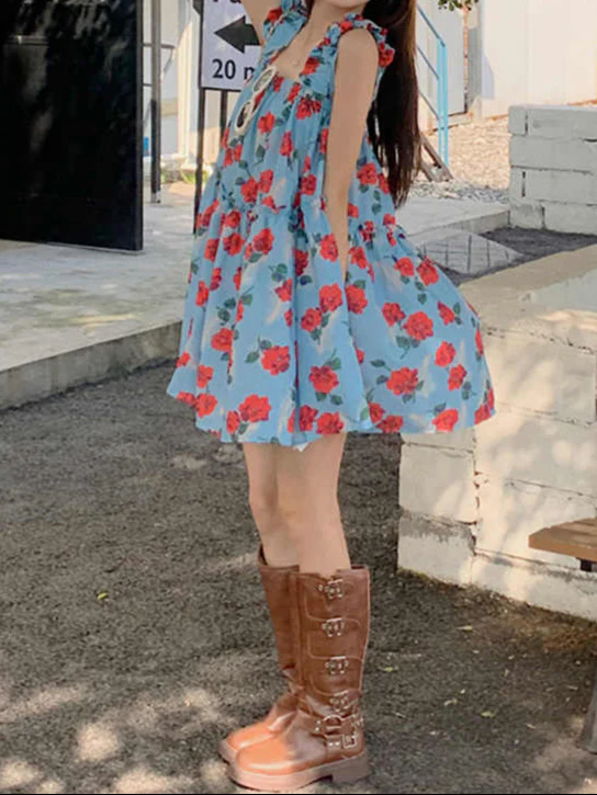 Blue Rose Printed Suspender Dress - Image 3
