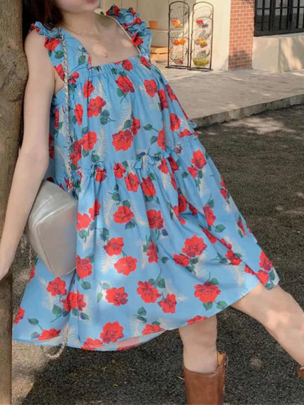 Blue Rose Printed Suspender Dress - Image 4