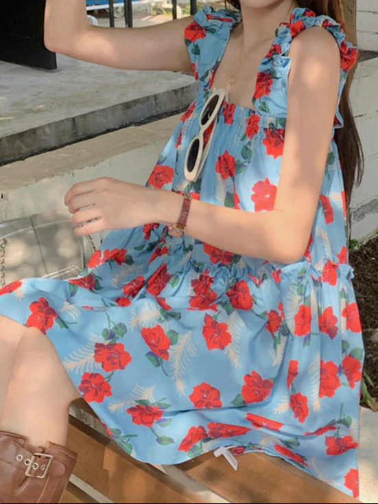 Blue Rose Printed Suspender Dress - Image 5
