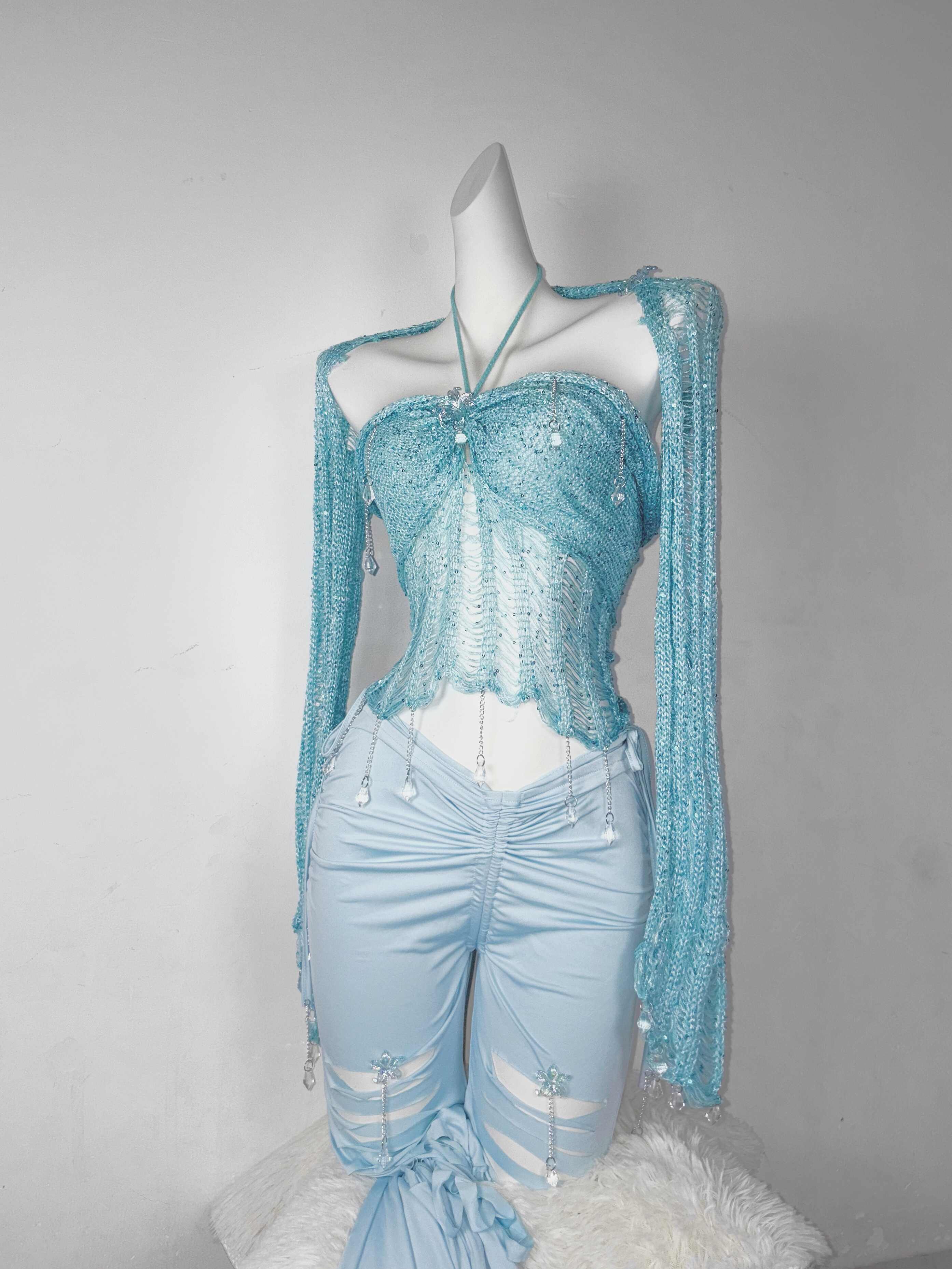 Blue Sequined Handmade Crochet Tube Top - Image 2
