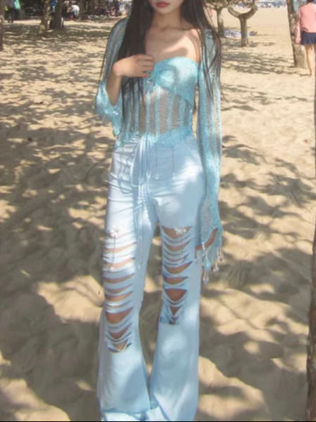 Blue Sequined Handmade Crochet Tube Top - Image 3
