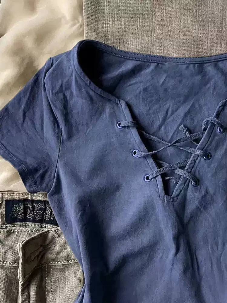 Blue V-neck straps short-sleeved shirt - Image 2
