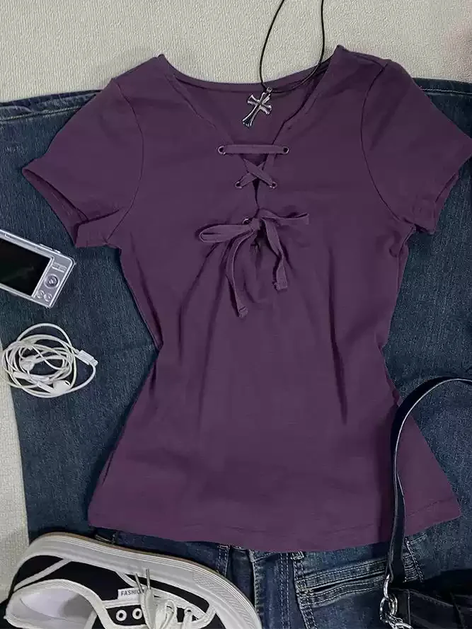Blue V-neck straps short-sleeved shirt - Image 3