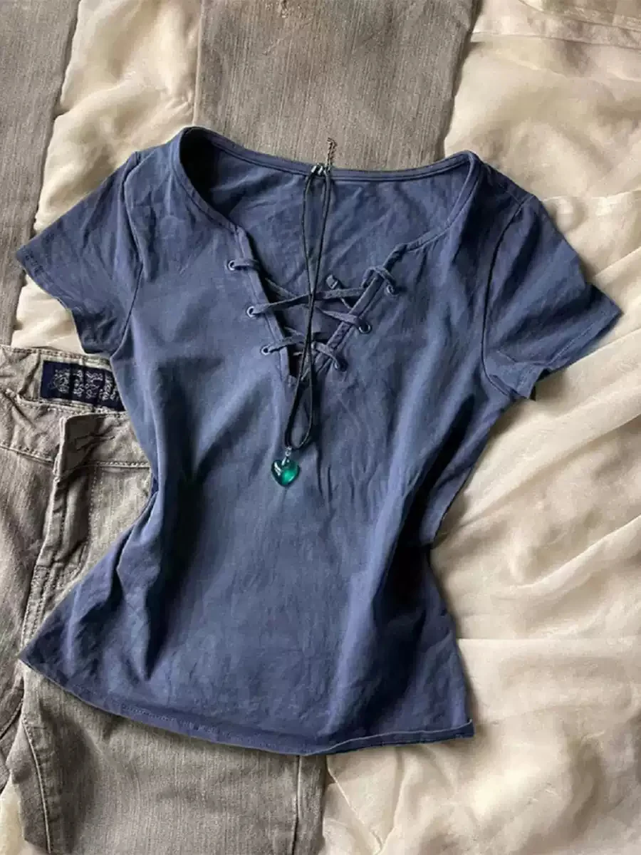 Blue V-neck straps short-sleeved shirt - Image 4