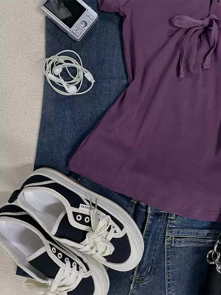 Blue V-neck straps short-sleeved shirt - Image 5