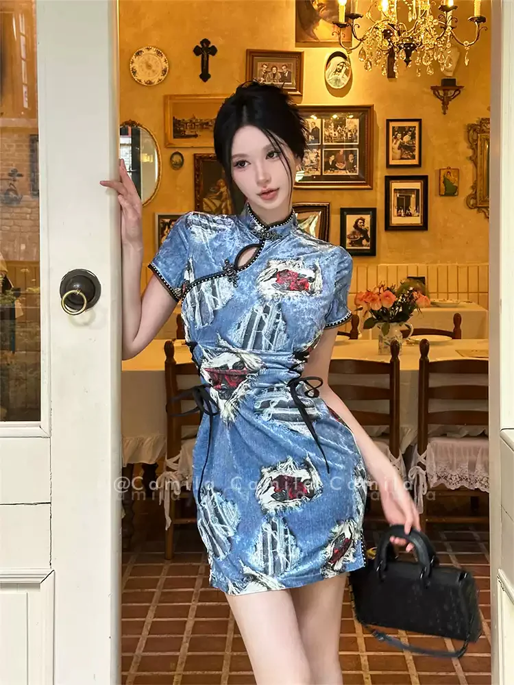Blue Velvet Denim Stretch Cheongsam Dress