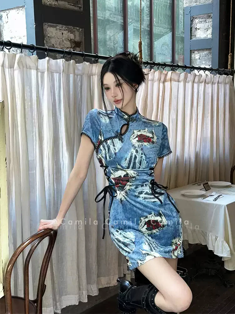 Blue Velvet Denim Stretch Cheongsam Dress - Image 2