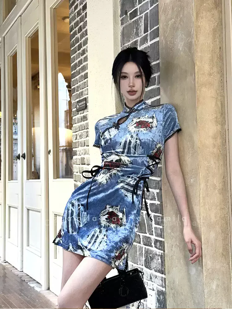 Blue Velvet Denim Stretch Cheongsam Dress - Image 3