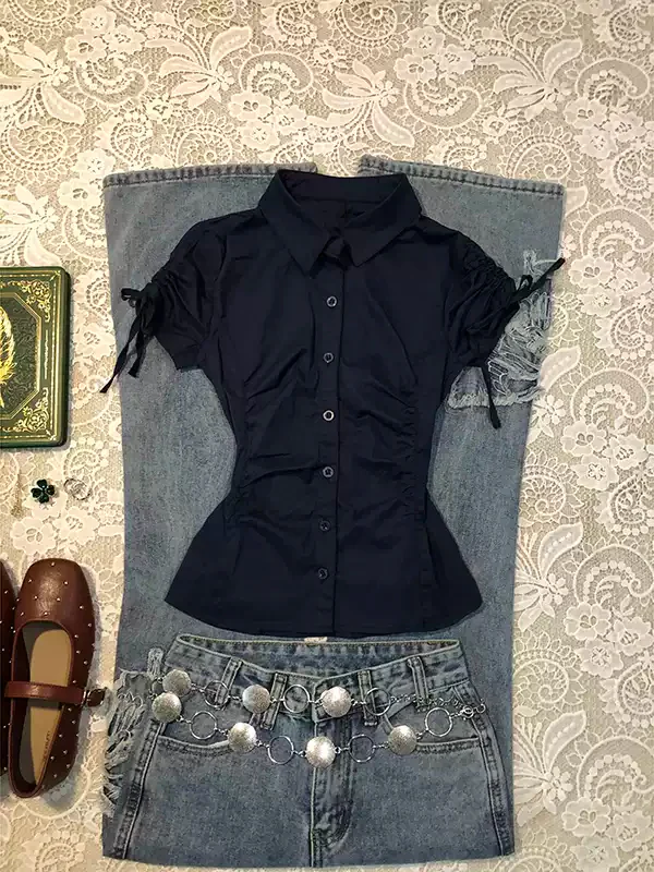 blue waisted short-sleeved shirt - Image 5