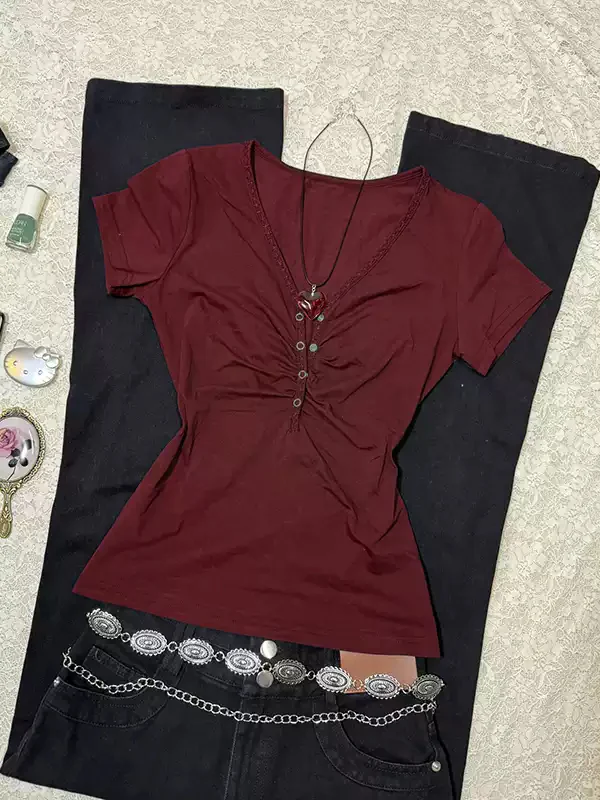 blue waisted V-neck T-shirt - Image 2