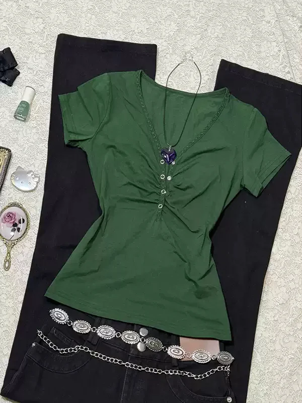 blue waisted V-neck T-shirt - Image 5
