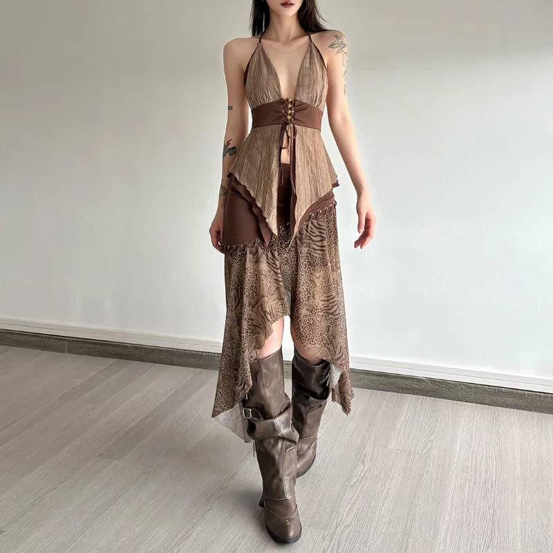 Boho Asymmetric Top & Leopard Midi Skirt Two Piece Set