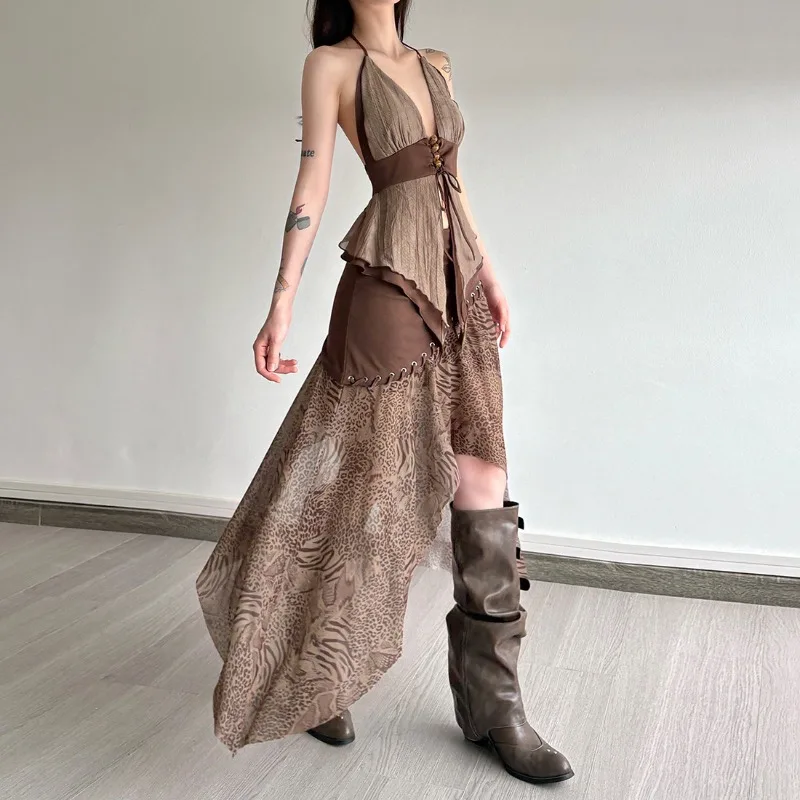 Boho Asymmetric Top & Leopard Midi Skirt Two Piece Set - Image 3